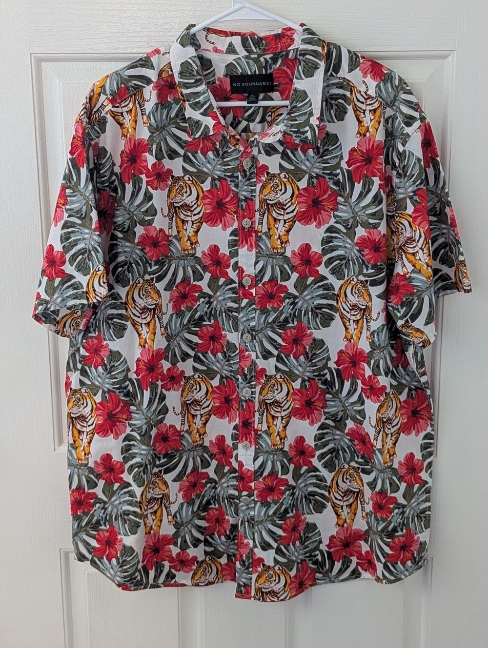 No Boundaries Shirt Mens White Red Floral Tiger Hawaiian Tropical XXL 50-52 2XL